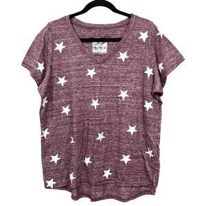 Reflex Women‎ T-Shirt Top V-Neck Star Print Relaxed Burgundy Heather Size 1XL*